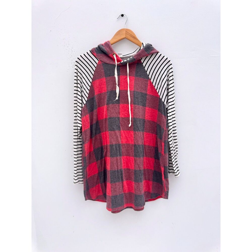 CY Fashion Buffalo Plaid Striped Sleeve Hoodie Red Gray Small
